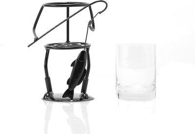 Fisherman Fishing Whiskey, Wine & Water Glass - Glass & Metal Cup Holder- Hook & Line Whiskey, Scotch, Liquor Cup Holder, Holds Cup, Great Gift for Fishing Enthusiasts, Boaters, Fathers, Sons