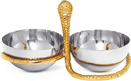 Serpent Gold Brass & Silver Double Catchall Decorative Bowls, Snake Shaped Serpent Serving Snack Bowl Chip and Dip Serving Platter for Nuts, Chips, Appetizers, Salsas, Condiments Serveware, Entryway