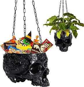 skeleton pot plant Skeleton Hanging Skull Plant Planter Pot Black - with Metal Chain & Hook