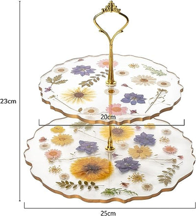 Floral Cupcake & Cake Dessert Stand, Resin Flower Tower - 2 Tier Stand Tray - Large Pretty Botanical Floral Stands for Desserts Table, Gold Handle, Fruits Candy Buffet Serving Trays