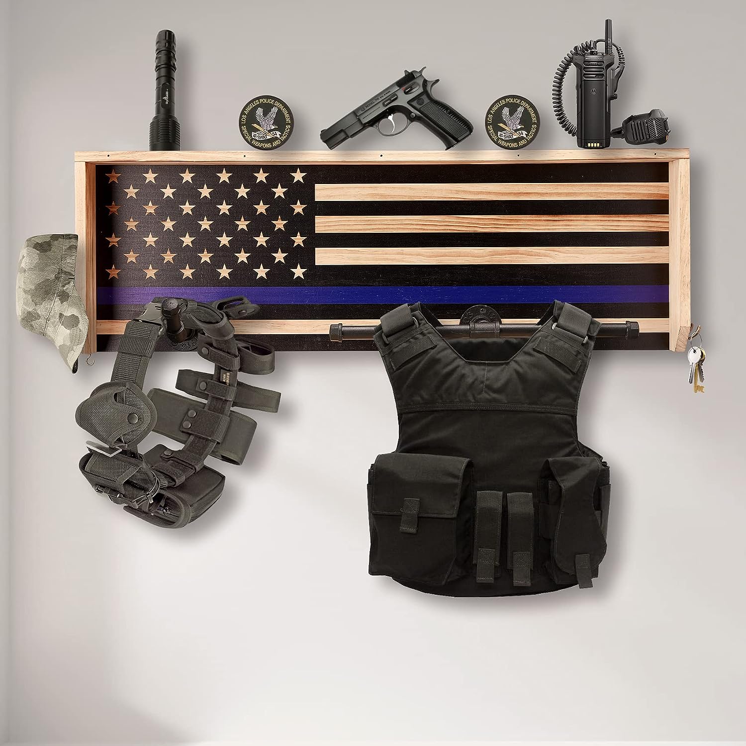 Police Wall Mounted Tactical Duty Gear Rack with Blue American Flag – –  Gute Decor
