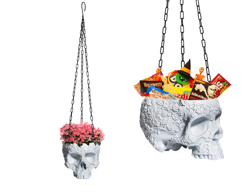 Skeleton Hanging Halloween Candy Bowl, Skull Plant Planter Pot Black - with Metal Chain & Hook - 6" H Spooky Skulls Pot Indoor Plants & Server- for Succulents, Flowers, Trick Or Treat Decor (White)