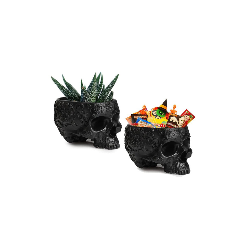 sugar skull planter pot Skull Halloween Candy Server Bowl, 6" Spooky Decorations Sugar Snack Tray (Black)