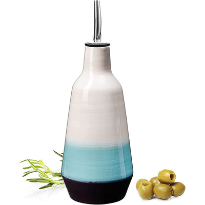GUTE Cruet Ceramic Olive Oil Dispenser Bottle - Perfect Home Decor Gift - 400ml Vinegar Cruet Bottle with Pourers - Blue Olive Oil Carafe for Kitchen - Cruet for Vinegar and Oil 9" H 3" W