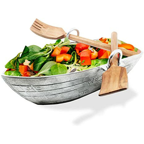 Rowboat Serving Bowl with a Pair of Wood Serving Utensils by Gute