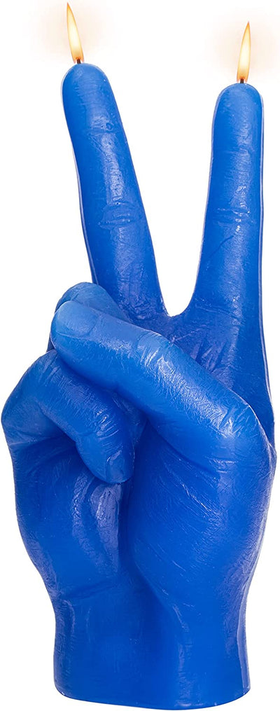 Peace Sign Candle 'Victory' Hand Gesture - Decorative Desk Statue Finger Sculpture for Home Decor Shelf Entryway Mantel Bedroom Vanity Impressive Realistic Detail, Hippie Woodstock Gift 6"H (Blue)