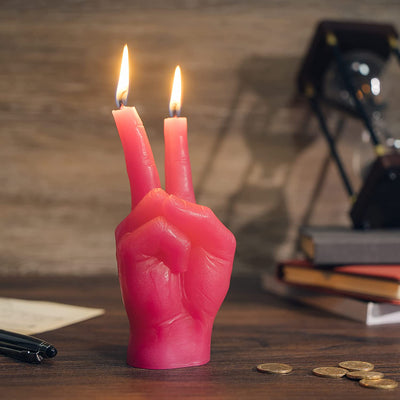 Peace Sign Candle 'Victory' Hand Gesture - Decorative Desk Statue Finger Sculpture for Home Decor Shelf Entryway Mantel Bedroom Vanity Impressive Realistic Detail, Hippie Woodstock Gift 6"H (Pink)
