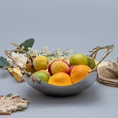 Decorative Silver Hammered Bowl Fruit Catch All Golden Leaves Vine, Stainless Steel Metal & Brass by Gute