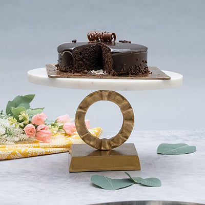 Marble Footed Pedestal Cake Stand with an Accented Gold Design by Gute - Dessert Fruit Serving Plate, Off-White Modern & Elegant Dessert Table Appetizer Round Cake Decor Weddings 10x6 (Ring Shape)