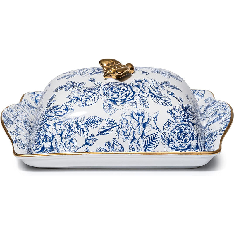 Ceramic Butter Dish, Hand Painted Blue Italian Flower Design - Fridge Or Countertop - Container Storage Floral Pattern Home Decor, Butters Plate - Lid & Golden Rim for Kitchen, Decorative Colored Tray