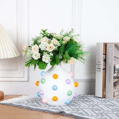 Bubble Multicolor Vase Detailed White Ceramic Planter by Gute, 9.25" Flower Plant Vase, Carved Pomponette Pastel Colors Classic - Plant Pot Colorful Round Bubble Detail for House & Holiday Gift