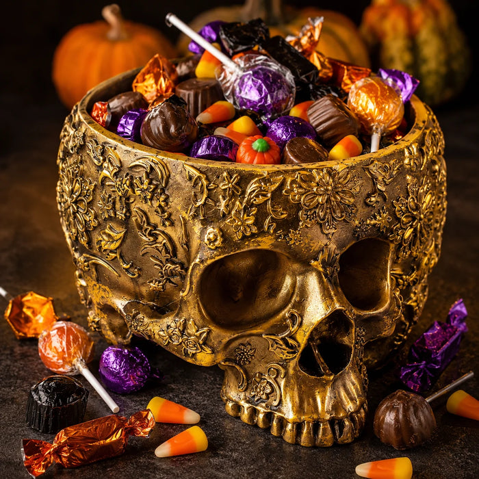 Skull Halloween Candy Bowl, Plant Planter Pot 4" H (Gold)