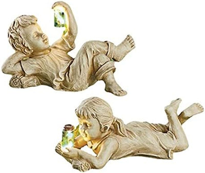 Garden Sculptures & Statues Outdoor Garden Statues,Solar Lighted Firefly Jar Garden Children Boy Girl Outdoor Sculpture Decor Boys and Girls for Garden Decoration