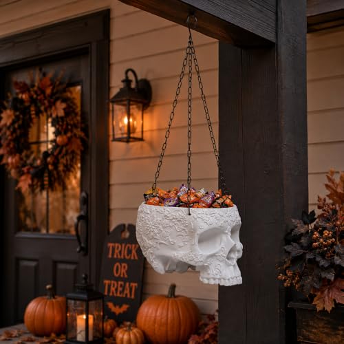 Skeleton Hanging Halloween Candy Bowl, Skull Plant Planter Pot Black (White)