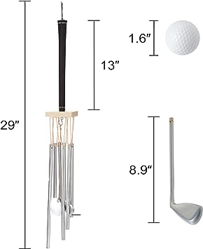 Golf Club & Ball Wind Chime Outdoors Musical Wind Chimes for Garden, Yard, Patio, Porch - Outside, Wall, Indoors Ceiling, Tree Vertical Hanging Golfers Decor - Unique Housewarming