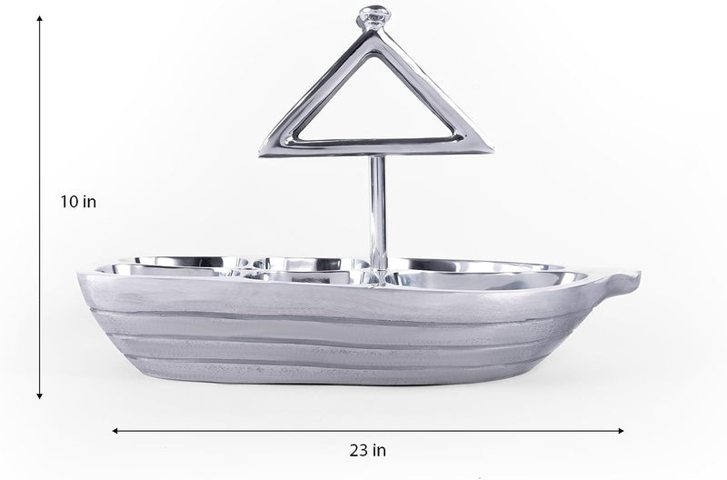 Rowboat Serving Bowl with Napkin Holder & Mini Wooden Oar Serving Spoons, Stainless Steel, Salads, Fruit & Chip N Dip With Six Serving Sections, Gift For Men, Women, Boat Lover, Captain Home Gifts