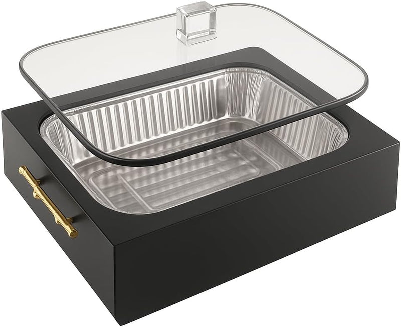 9x13 Pan Server & Holder Dish, Lucite Smart Decor Pans with Lid - Fancy 3-Piece Clear Serving Set with Rim Cover & Top – Elegant Dish for Dinner, Shabbat, Buffet, Counter, Dining Table, Black & Gold