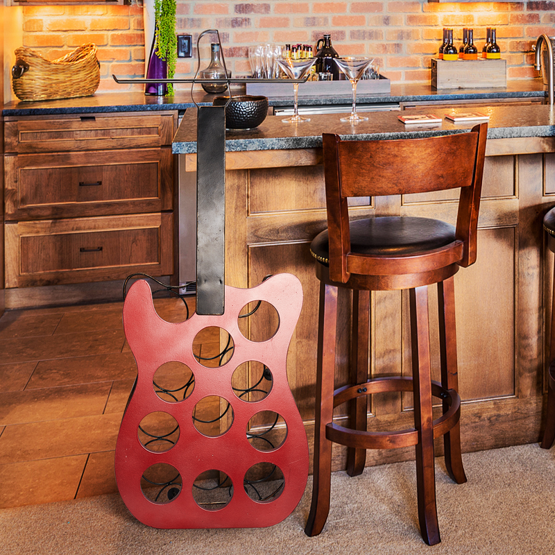 Metal and Wood Guitar Shaped 10 Bottle Wine Rack - Vintage Decorative Wine Holder Freestanding Display, Storage Organizer - Kitchen, Office, Home Bar - Rock N Roll Lover, Electric Guitarist Music Gift