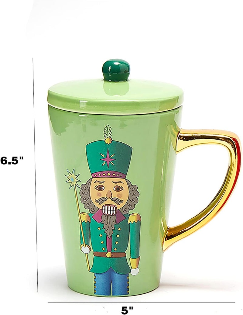 The Nutcracker Festive Christmas Decorative Mug with Lid - Ceramic Microwave/Dishwasher Safe - 16oz Soldier Holiday Mugs for Coffee, Hot Chocolate, - Merry X-Mas, Thanksgiving, Winter Cup (Green)