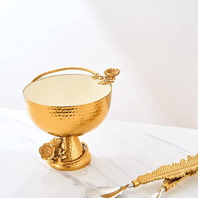 Large Brass Gold & White Footed Decorative Bowl - Fruit & Nut Bowl, Home Decor Flower Design Pedestal Brass Antique Inspired Pedestal Dessert, Chip N Dip Table Serving Display Set, Plate Centerpiece