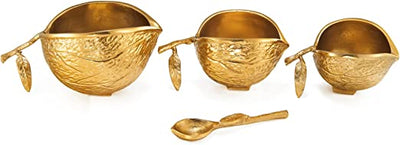 Brass Gold Chestnut Decorative & Candy Bowls - Set of 3 - Bright Gold Chestnuts, 3 Brass Servers & Spoon - Serving Nuts, Snack Tray, Chip and Dip Strong Beautiful Room Accent, Perfect for Entertaining