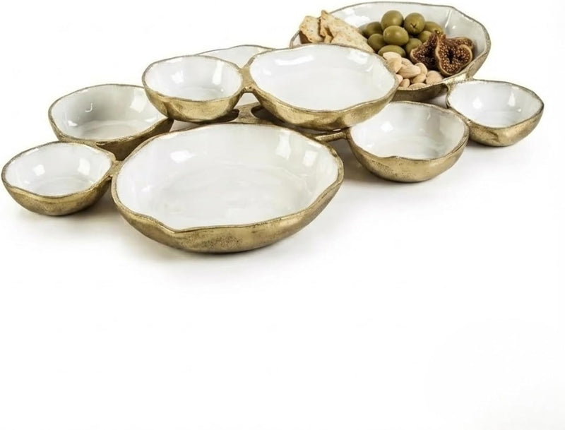 Cluster of 9 Round Serving Bowls Enamel Clusters Decorative Elegant Snack Tray for Olives, Chip & Dip, Nuts, Appetizers & Entertaining Strong Brass & Enamel Home Decor Gifts, Parties & Weddings 22"