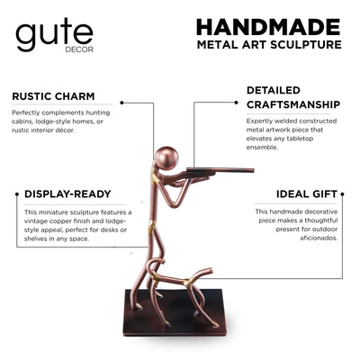 Hunter and Dog Craft Handmade Figurine – 4" L x 4" H – Recycled Metal Sculpture & Hand Welded Bronze Finish Art Gift – Rustic Lodge Decor, Outdoor Sportsman Display & Hunting Collectible Statue