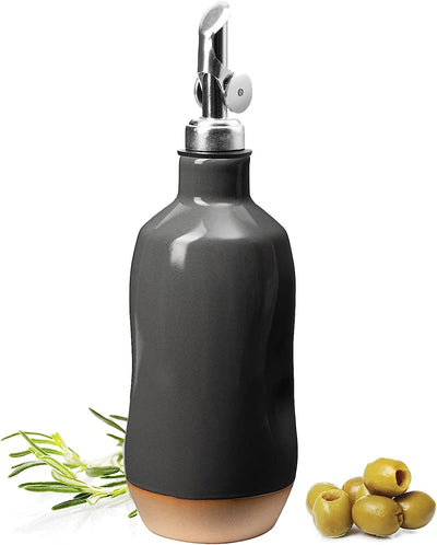 Olive Oil Dispenser Bottle Stoneware Ceramic, Cruet Protects to Reduce Oxidation, Suitable For Storage Of Oil, Vinegar, Coffee Syrups & Other Liquids - Stainless Steel Spout 14Oz