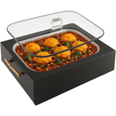 9x13 Pan Server & Holder Dish, Lucite Smart Decor Pans with Lid - Fancy 3-Piece Clear Serving Set with Rim Cover & Top – Elegant Dish for Dinner, Shabbat, Buffet, Counter, Dining Table, Black & Gold