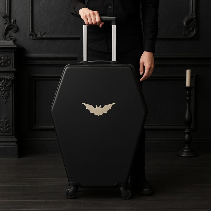 Coffin Suitcase 26.5 Inch Gothic Luggage Black Hard Shell Spinner Carry On with Lock | Unique Horror Casket Travel Case Trolley Bag with Wheels for Halloween, Cosplay, Conventions, Airport Trips