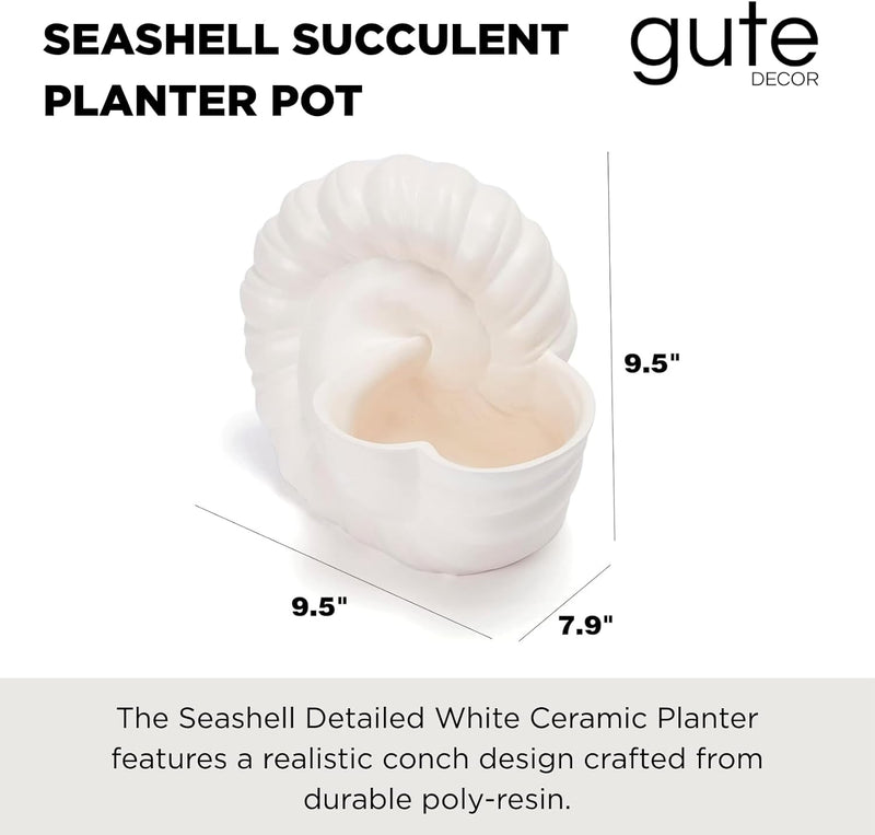 Seashell Succulent Planter Pot, Bowl & Vase, Handmade Conch Detailed White Planter, Large 9.5" Flower Plant Vase, Carved Beach Shell Decor - & Indoor Plants, Gift for Mom