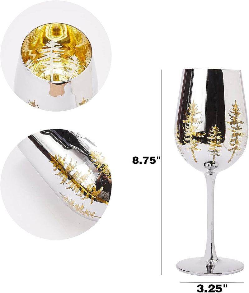 Crystal Winter Tree Wine & Water Glasses - Set of 2 - Gold Themed Vibrant Etched Winter Snow Wonderland Frosted Glass, Perfect for Themed Parties, Gifts for Him & Her Trees Décor