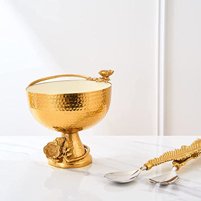 Large Brass Gold & White Footed Decorative Bowl - Fruit & Nut Bowl, Home Decor Flower Design Pedestal Brass Antique Inspired Pedestal Dessert, Chip N Dip Table Serving Display Set, Plate Centerpiece