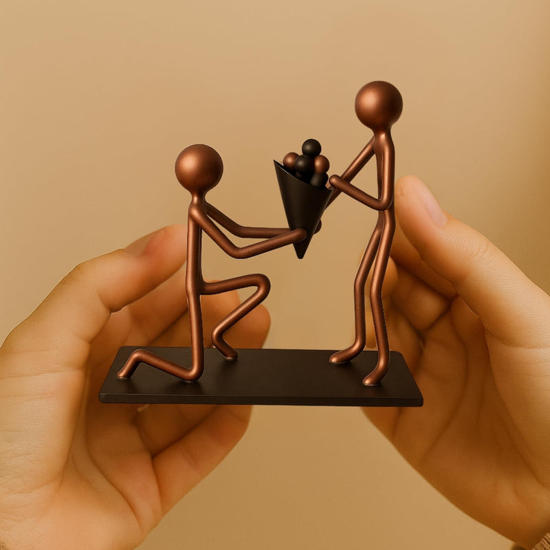 Romantic Proposal Handmade Figurine – 4" L x 4" H – Minimalist Recycled Metal Sculpture & Hand Welded Bronze Finish Art Gift – Tabletop Decor, Engagement Gifts & Anniversary Couple Statues