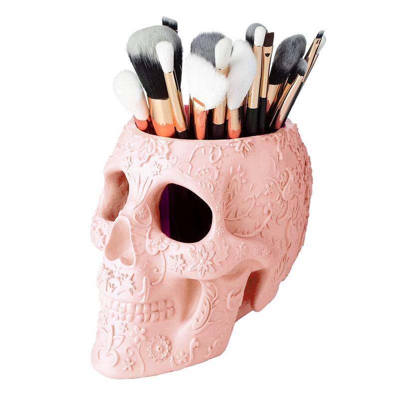 The Wine Savant Skull Makeup Brush and Pen Holder Extra Large, Strong Resin Extra Large Halloween (Pink)