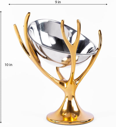 Decorative Gold Brass Branch & Aluminum Footed Bowl, Serving, Fruit, Treats or Catchall for a Table Centerpiece or Use as Pedestal Decor Piece - Serveware Home Decor, Wedding, Party, Event, 10.1" x 9"