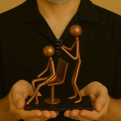 Hairdresser Craft Handmade Figurine – 4.25" L x 4.25" H – Recycled Metal Sculpture & Hand Welded Bronze Finish Art Gift – Barber Shop Decor, Salon Desk Accessories & Hairstylist Appreciation Gifts