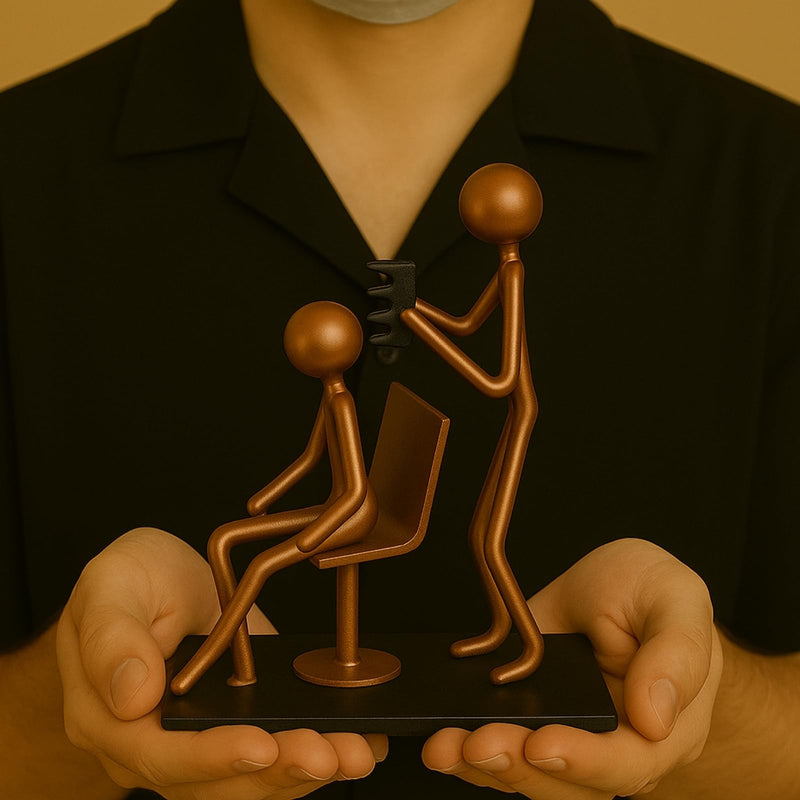 Hairdresser Craft Handmade Figurine – 4.25" L x 4.25" H – Recycled Metal Sculpture & Hand Welded Bronze Finish Art Gift – Barber Shop Decor, Salon Desk Accessories & Hairstylist Appreciation Gifts