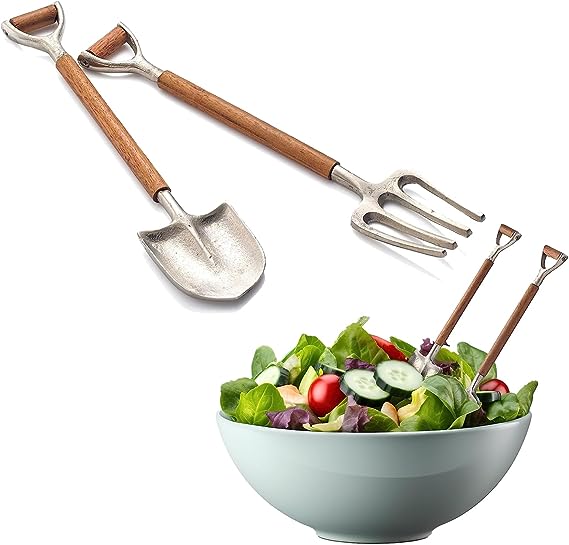Salad Serving Set Fork & Shovel Garden Tools - Wood & Stainless Steel, Shovel and Pitchfork Design, Two Tone Ideal for BBQ, Dinner Parties, Flatware, Housewarming Gifts, Mirror Polished Wood