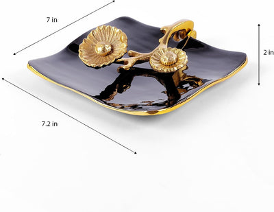 Bronze Gold Floral Napkin Holder Decor - Golden Brass Flower Detail & Black Reflective Tray, Paper Towel & Display Leaf, Two Tone for Weddings, Dinner Parties, Housewarming Gifts, Baroque Tray Basket