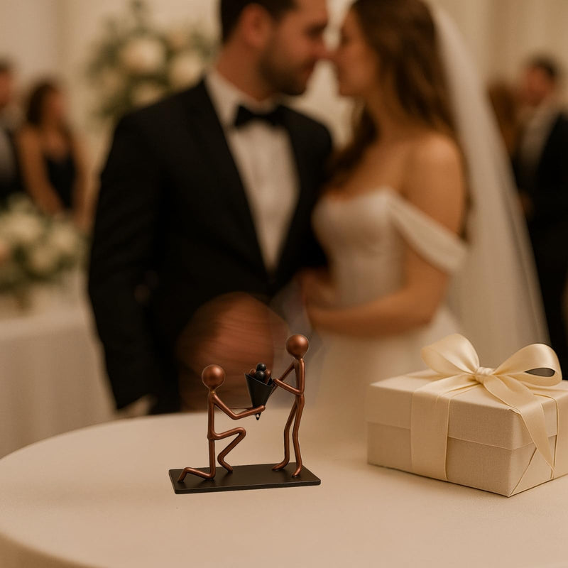 Romantic Proposal Handmade Figurine – 4" L x 4" H – Minimalist Recycled Metal Sculpture & Hand Welded Bronze Finish Art Gift – Tabletop Decor, Engagement Gifts & Anniversary Couple Statues