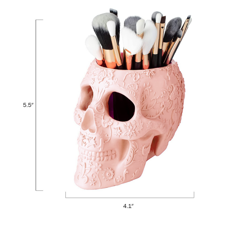 The Wine Savant Skull Makeup Brush and Pen Holder Extra Large, Strong Resin Extra Large Halloween (Pink)