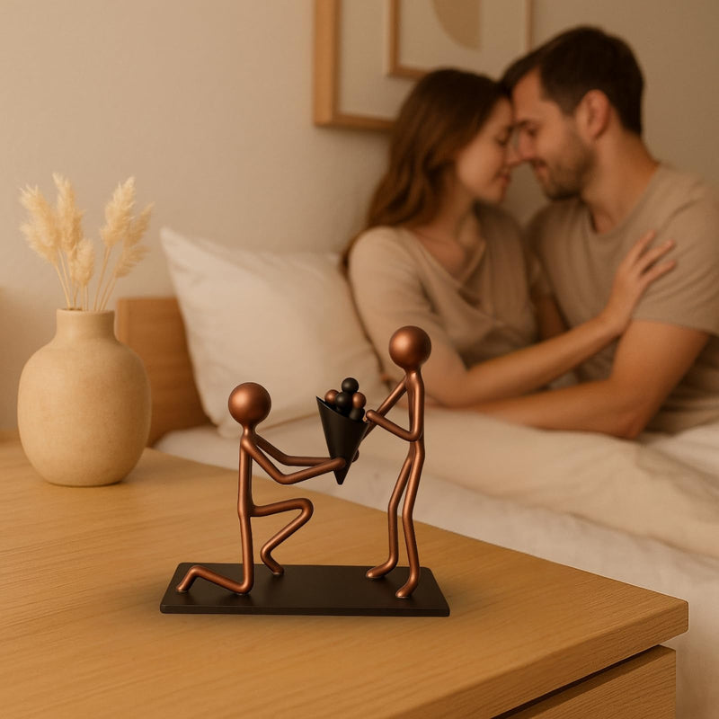 Romantic Proposal Handmade Figurine – 4" L x 4" H – Minimalist Recycled Metal Sculpture & Hand Welded Bronze Finish Art Gift – Tabletop Decor, Engagement Gifts & Anniversary Couple Statues