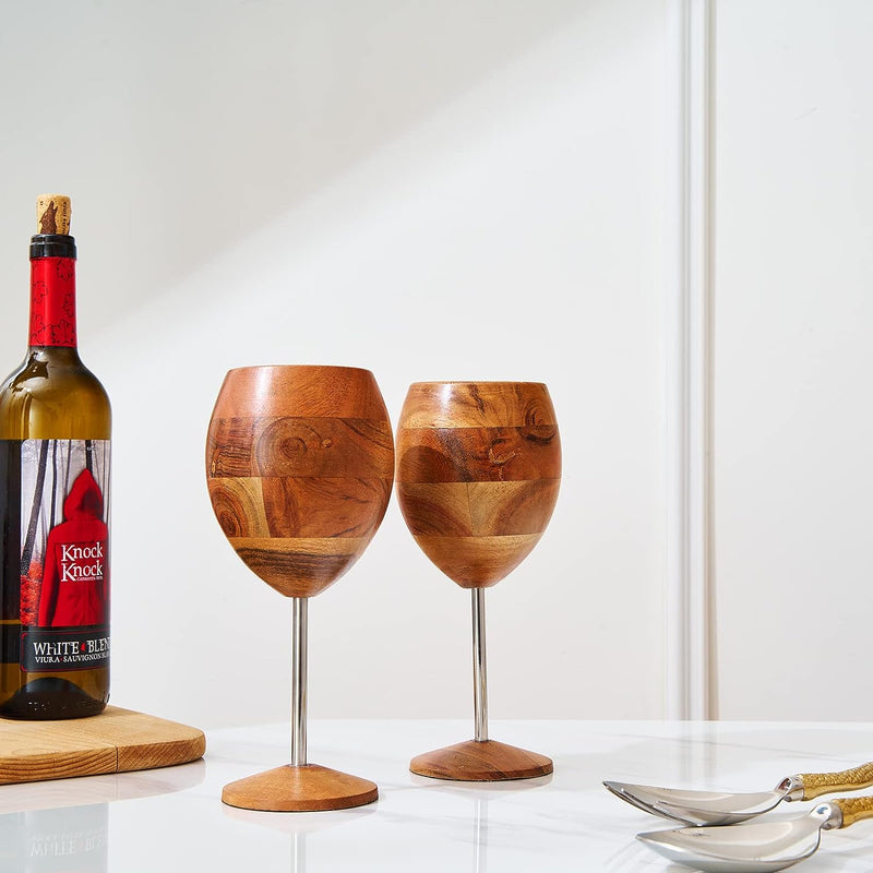 Designer Dark Acacia Wooden WUD Wine Glasses - Set of 2 - Wooden Wine Goblets Rustic Unique Cocktail, Champagne, Martini Natural Wood Glassware, Farmhouse Cup - Toasting Gifts For Him, Her 12 oz