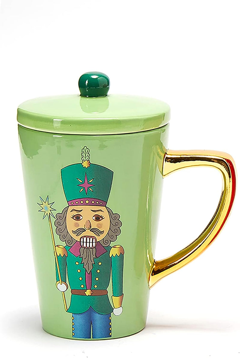 The Nutcracker Festive Christmas Decorative Mug with Lid - Ceramic Microwave/Dishwasher Safe - 16oz Soldier Holiday Mugs for Coffee, Hot Chocolate, - Merry X-Mas, Thanksgiving, Winter Cup (Green)