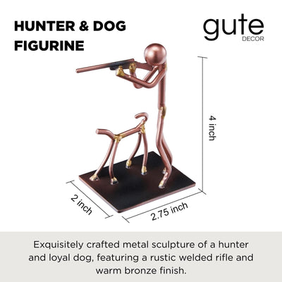 Hunter and Dog Craft Handmade Figurine – 4" L x 4" H – Recycled Metal Sculpture & Hand Welded Bronze Finish Art Gift – Rustic Lodge Decor, Outdoor Sportsman Display & Hunting Collectible Statue
