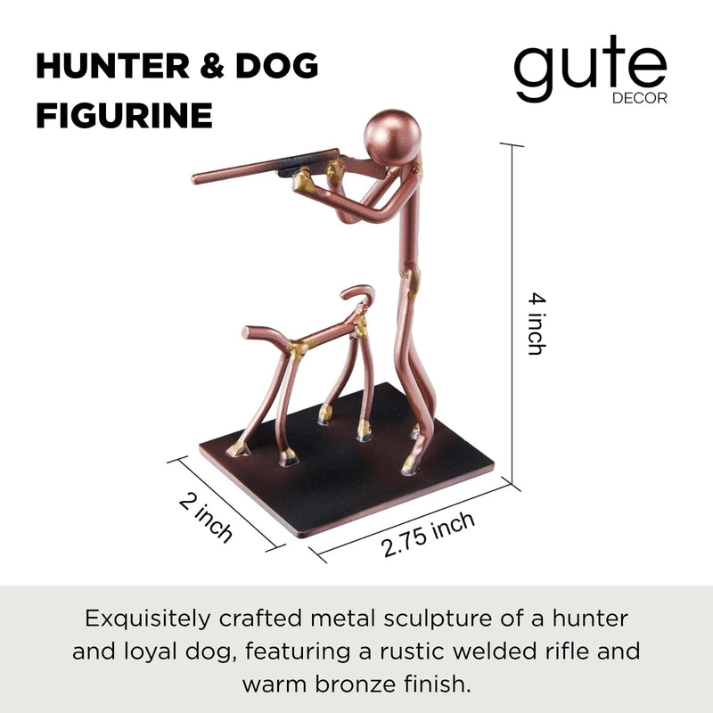 Hunter and Dog Craft Handmade Figurine – 4" L x 4" H – Recycled Metal Sculpture & Hand Welded Bronze Finish Art Gift – Rustic Lodge Decor, Outdoor Sportsman Display & Hunting Collectible Statue