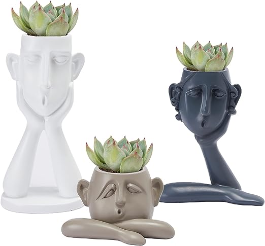 Human Face Shaped Succulent & Flower Planter Pots - Set of 3- Figurines for Garden - Indoor Outdoor Decorative Garden Figurines, Drainage Holes for Plants Artistic - White, Khaki, Grey