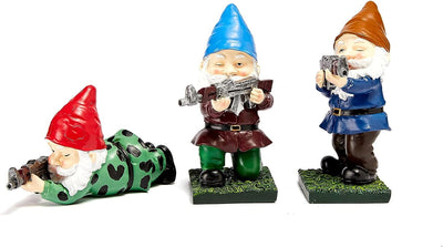 Military Soldier Garden Gnomes | Set of 3 | Gnome Army Combat Soldier Guardian - Lawn Statues Guns, Porch & Yard Art Decor, Hunting, Patriotic, AK47, Gun, Shotgun Lover, Indoor & Outdoor Valentines