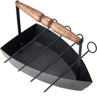 Rowboat Serving Platter Iron Shape with 4 BBQ Grill Kebab Skewers In Serving Boat - Stainless Steel Wide Reusable Barbecue Sticks Skewers for Grilling Meat, Shrimp, Chicken, Vegetable Tikkas